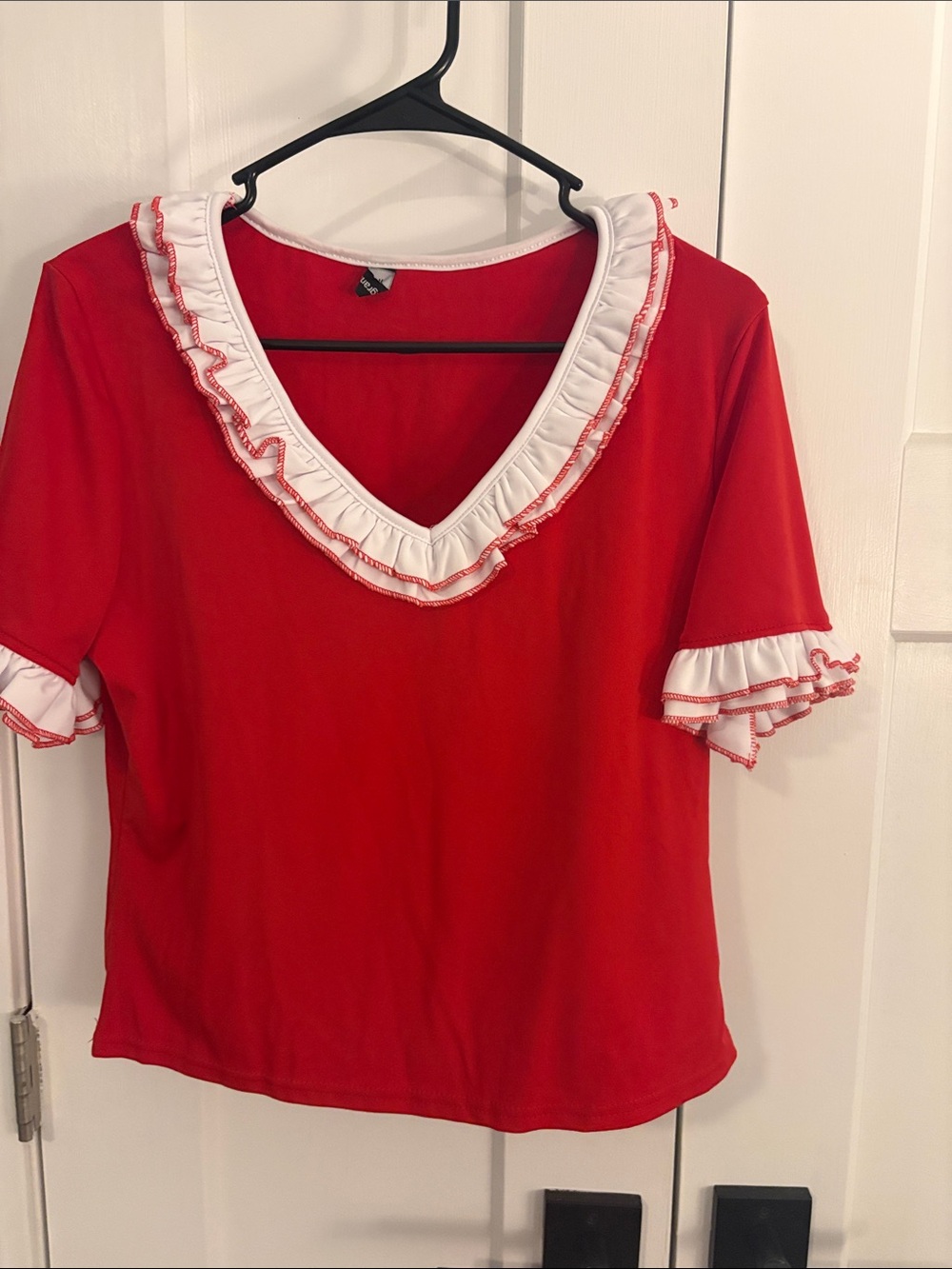 Red Ruffled V-Neck Women's Top with White Trim